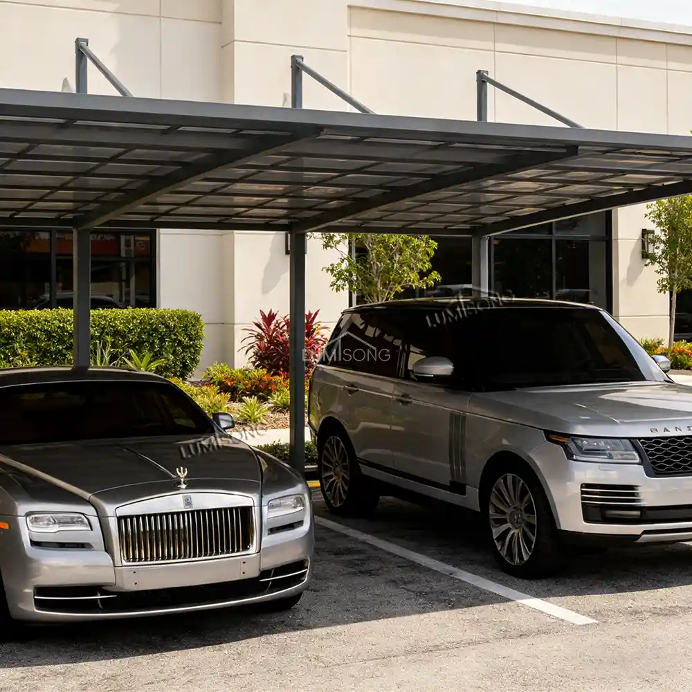 Modern aluminum commercial carport parking structure providing large-scale outdoor vehicle shelter by Lumisong
