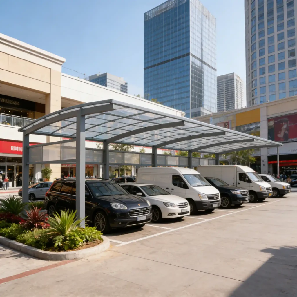 Modern aluminum commercial carport installed in a public outdoor parking environment by Lumisong