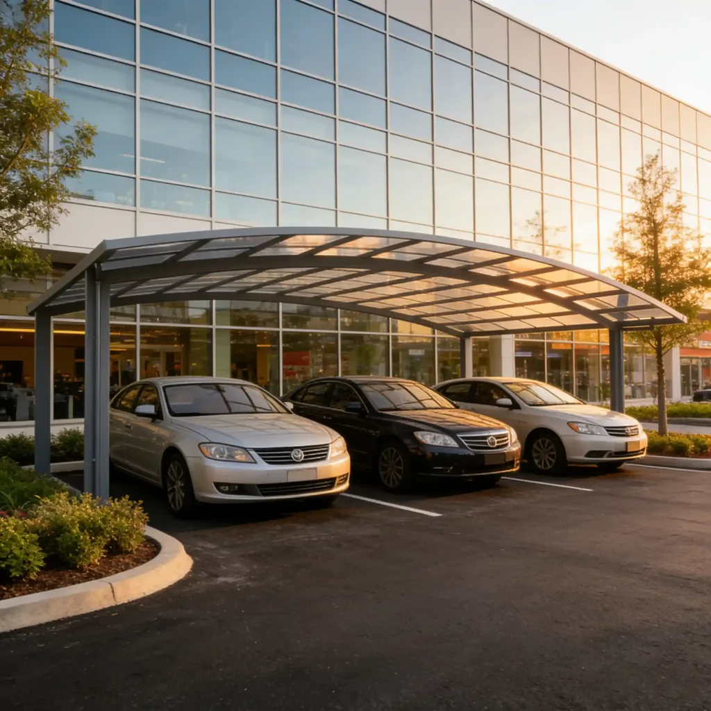 Modern aluminum commercial carport installed in a retail shopping parking area by Lumisong