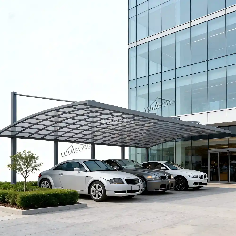 Modern aluminum commercial carport installed in a retail parking area providing organized outdoor vehicle shelter by Lumisong