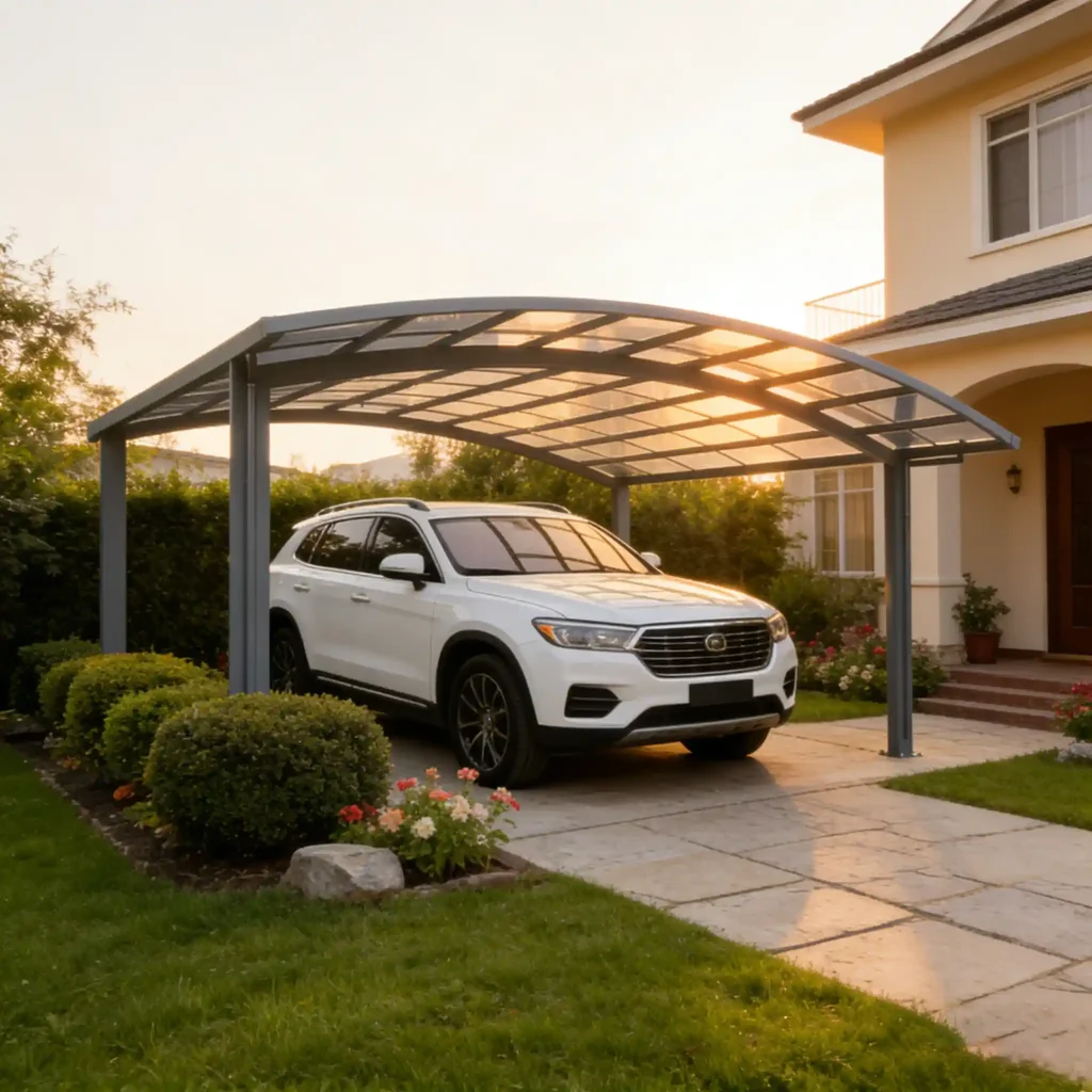 Modern enclosed aluminum carport installed in a private residential space providing secure and fully protected vehicle storage by Lumisong