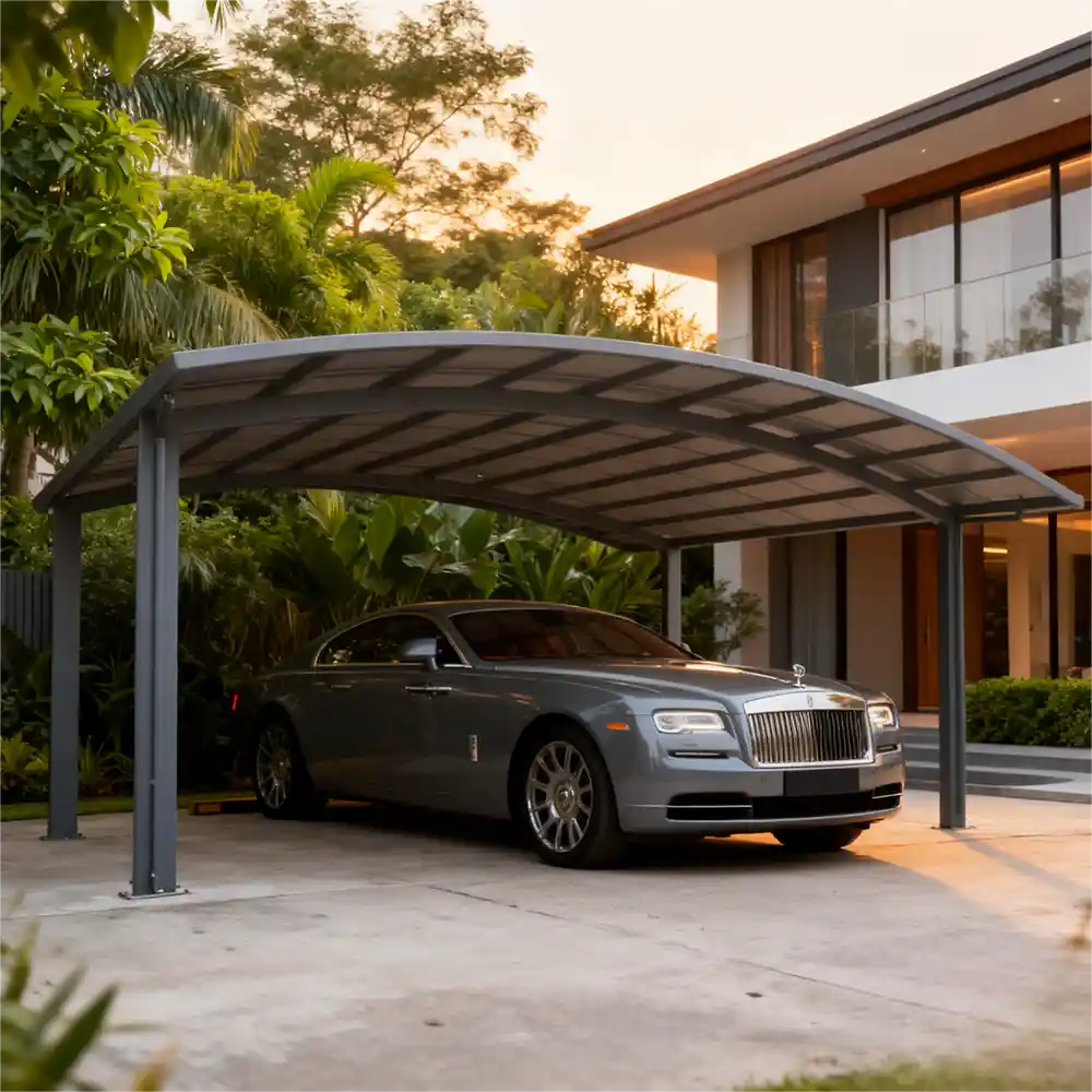 Modern enclosed aluminum carport installed in a private residential property providing secure and fully protected vehicle storage by Lumisong
