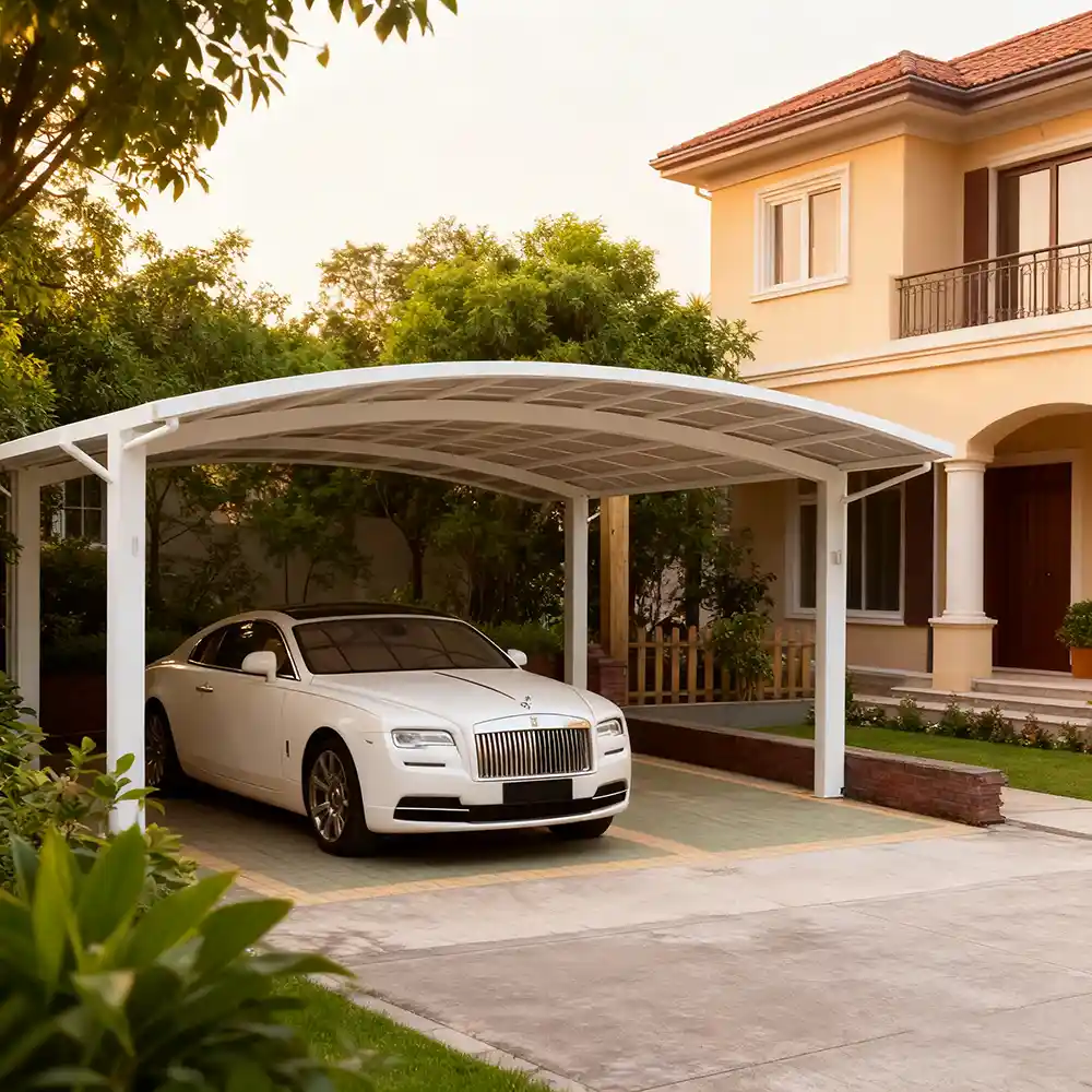 Modern enclosed aluminum carport installed in a residential property providing secure and fully protected vehicle storage by Lumisong