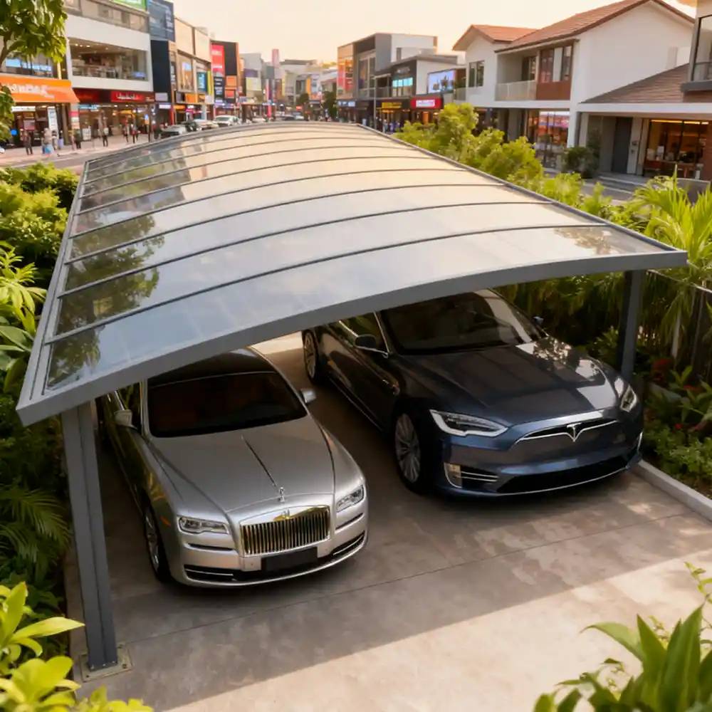 Modern enclosed aluminum carport structure providing secure and fully protected outdoor vehicle storage by Lumisong