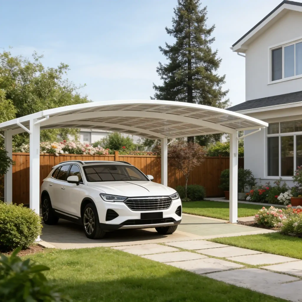 Modern enclosed aluminum carport providing full weather protection and secure outdoor vehicle storage by Lumisong