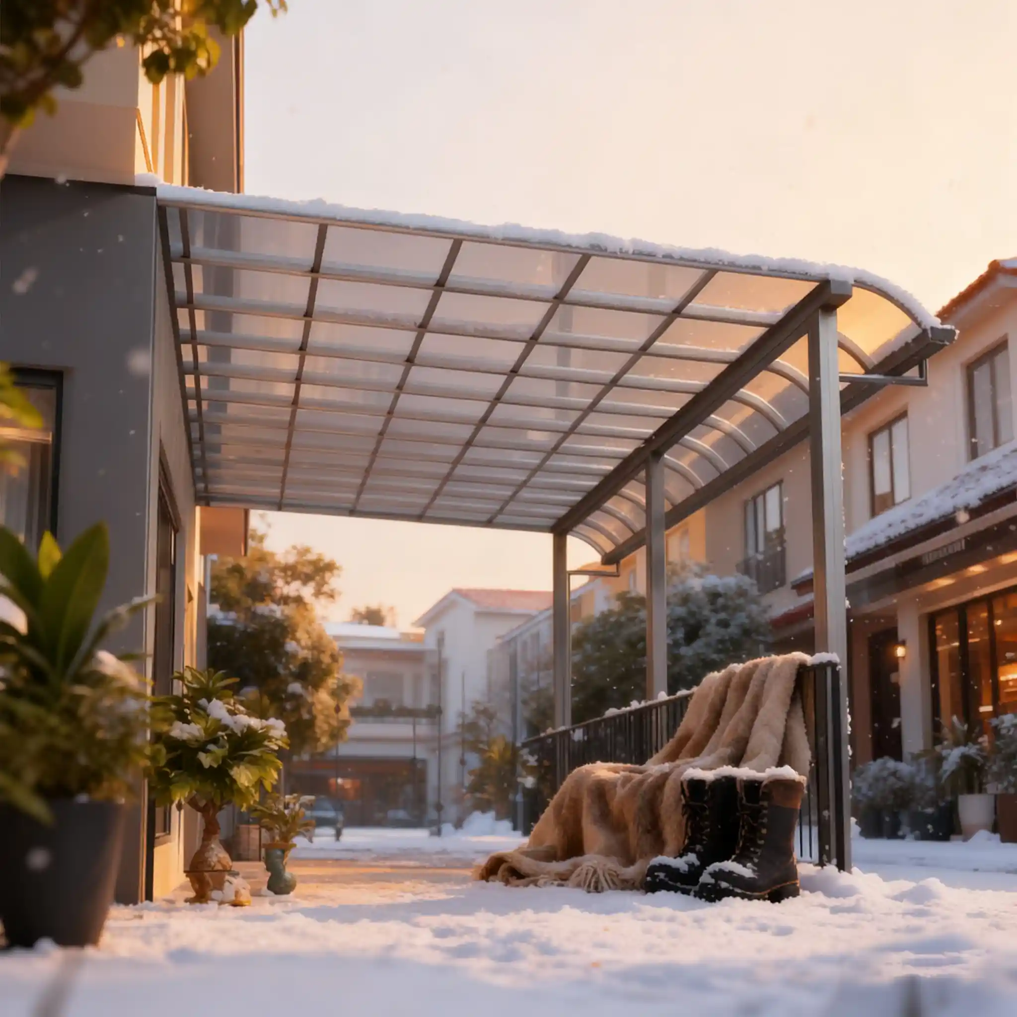 Lumisong architectural entrance canopy building project featuring a heavy-duty aluminum structure and waterproof fabric, providing a modern defined entry point and weather shelter for commercial and residential buildings.