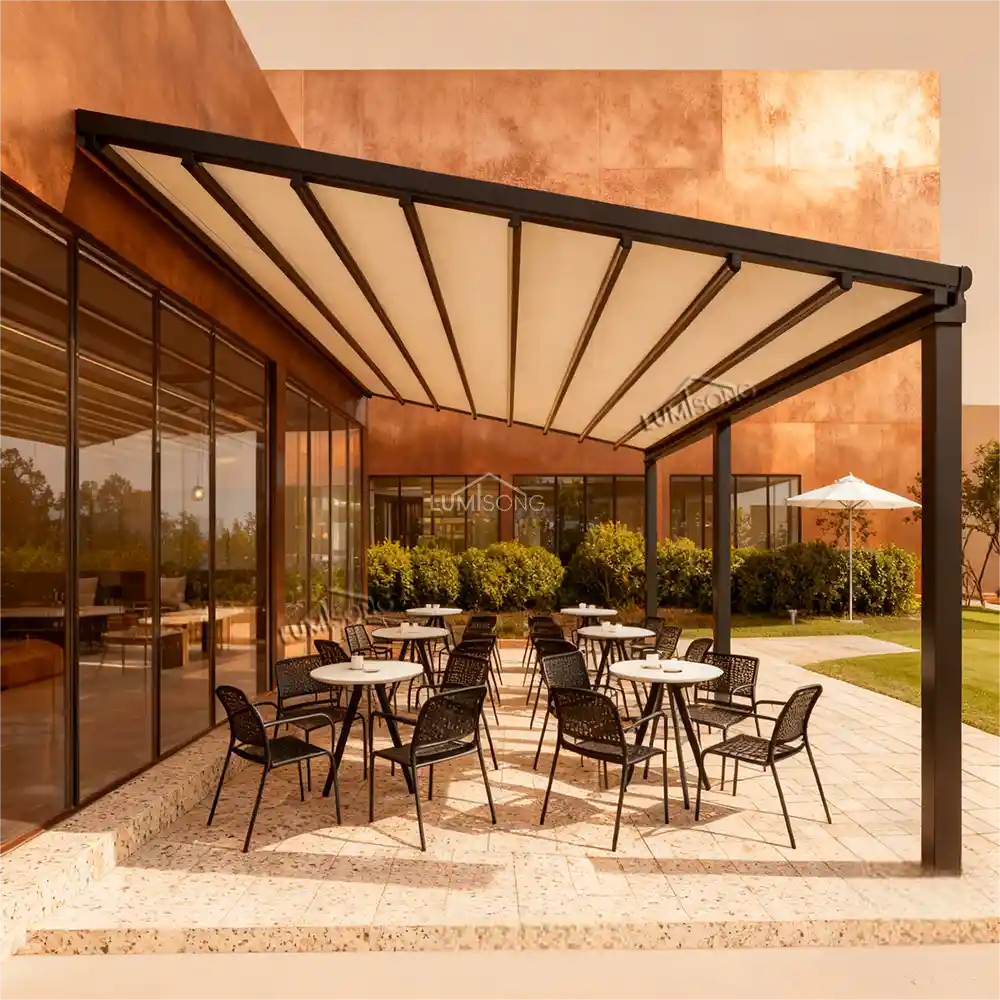 Premium self-supporting freestanding awning structure installed on an open-air outdoor patio, featuring a heavy-duty dual-sided retractable canopy and weather-resistant aluminum frame by Lumisong.