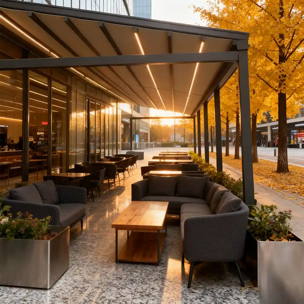 Lumisong freestanding awning outdoor project featuring a self-supporting heavy-duty aluminum structure and premium dual-sided retractable fabric shelter installed on an open-air courtyard terrace.