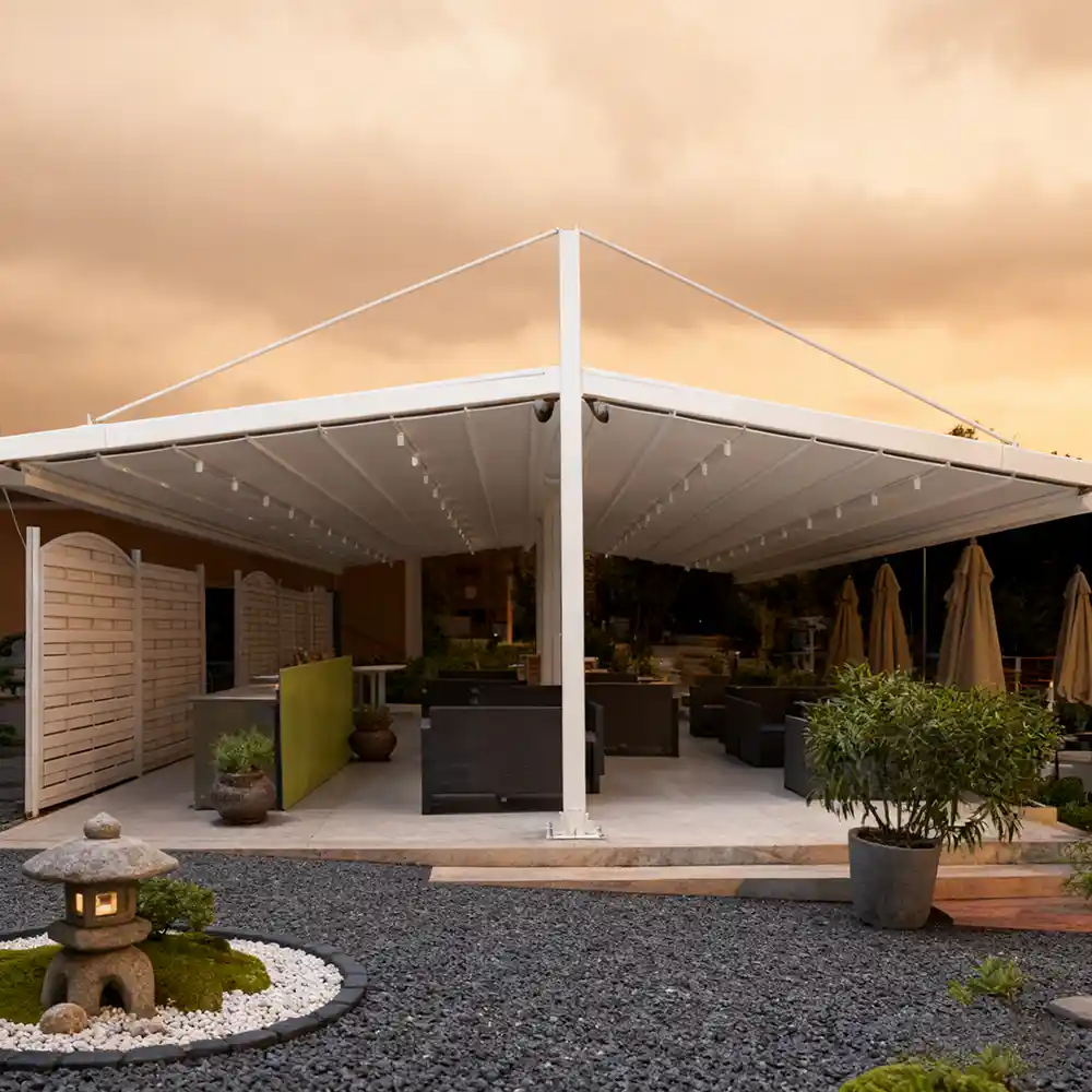Lumisong large-scale freestanding awning project installed in a commercial shopping plaza, featuring an independent double-sided heavy-duty aluminum shading structure and waterproof corporate shelter.