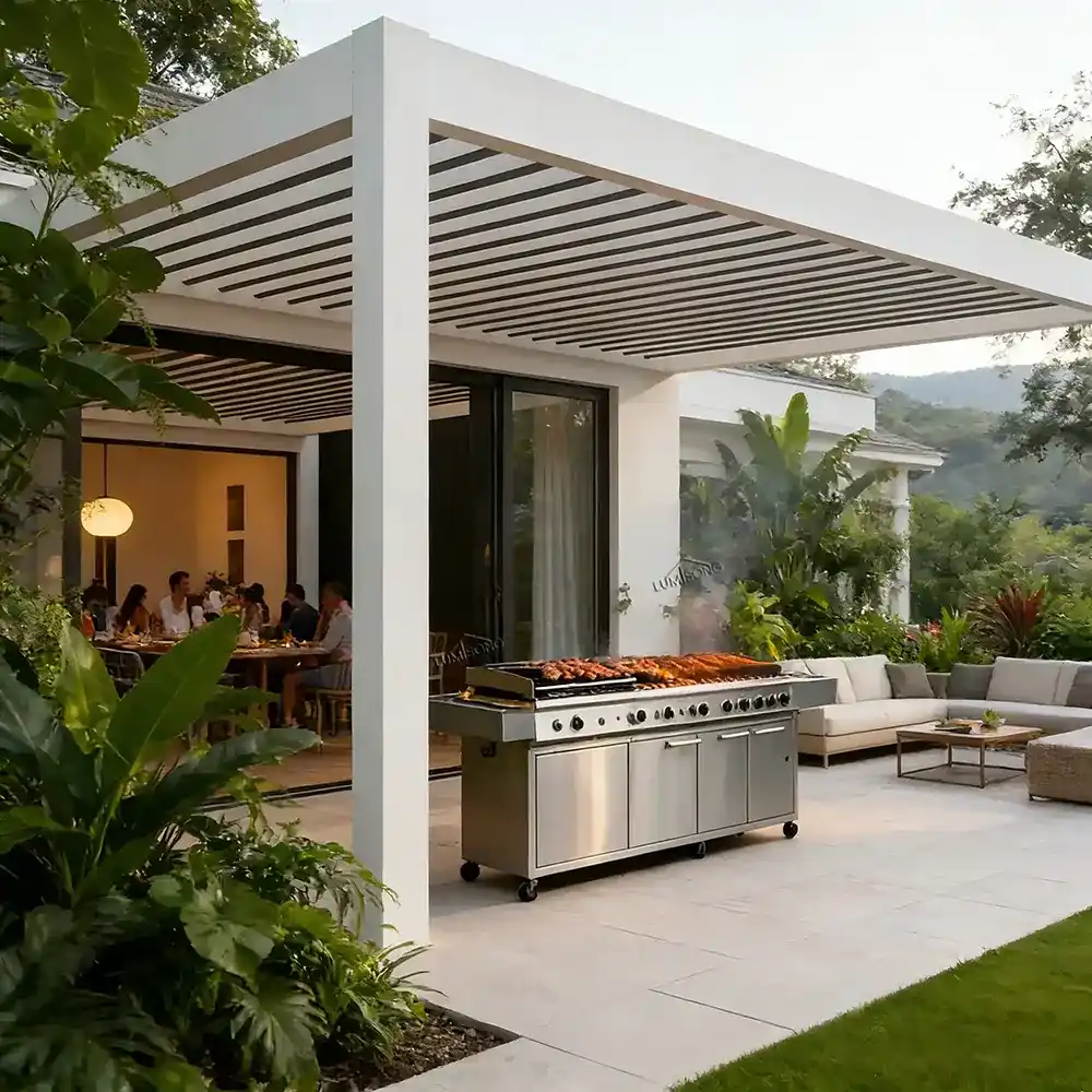 Large-span plaza pergola project by Lumisong with durable aluminum structure for public outdoor gathering spaces