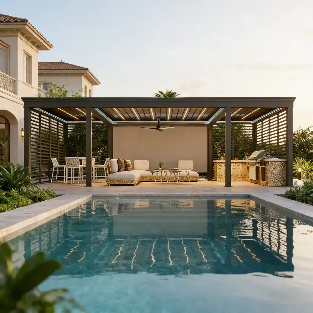 Large-span resort pergola by Lumisong with durable aluminum structure for luxury outdoor hospitality spaces