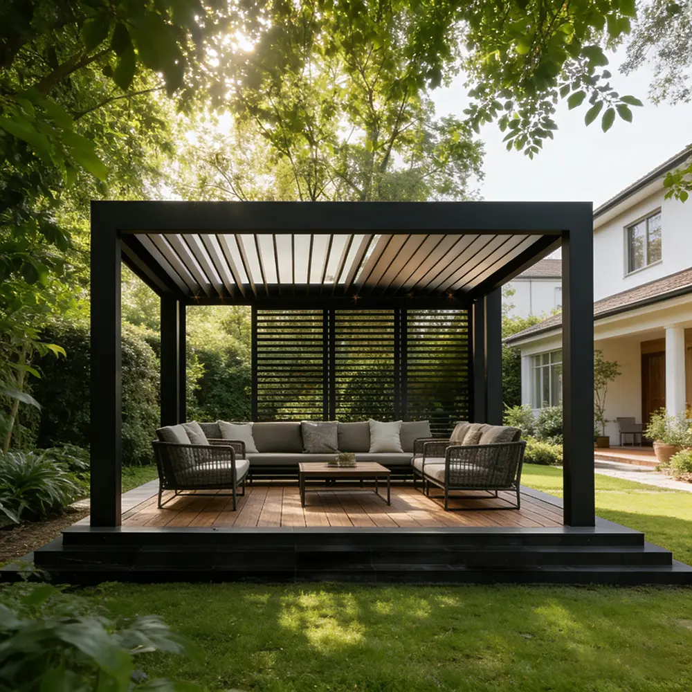 Modern louvered pergola dining space by Lumisong with adjustable aluminum roof system for outdoor dining comfort