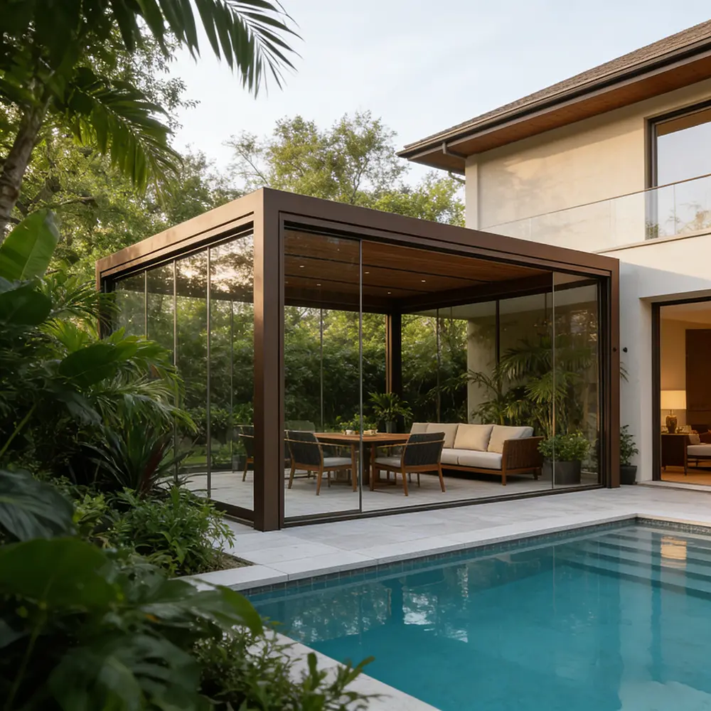 Modern garden louvered pergola by Lumisong with adjustable aluminum roof system for outdoor relaxation spaces