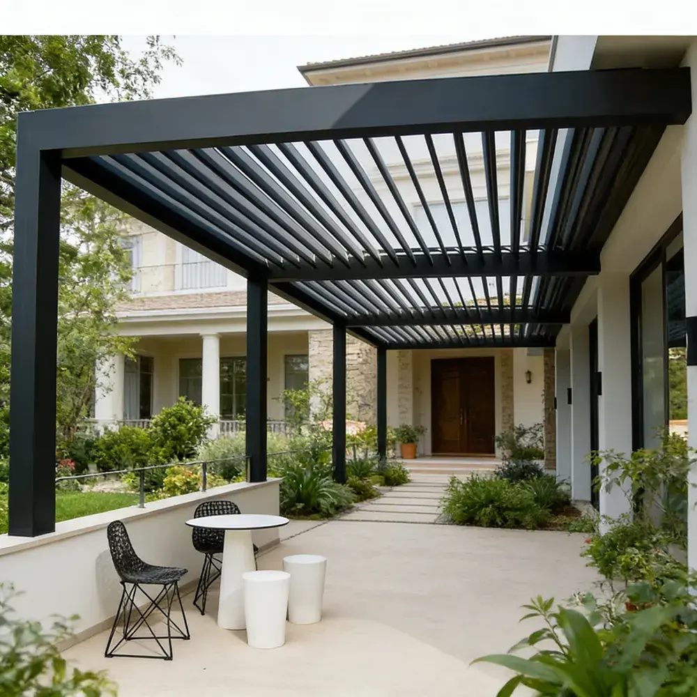 Luxury resort louvered pergola project by Lumisong featuring adjustable aluminum roof systems for premium outdoor hospitality spaces
