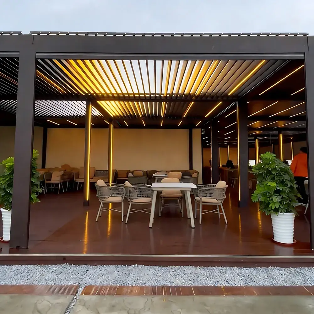 Modern restaurant louvered pergola project by Lumisong with adjustable aluminum roof system for outdoor dining spaces
