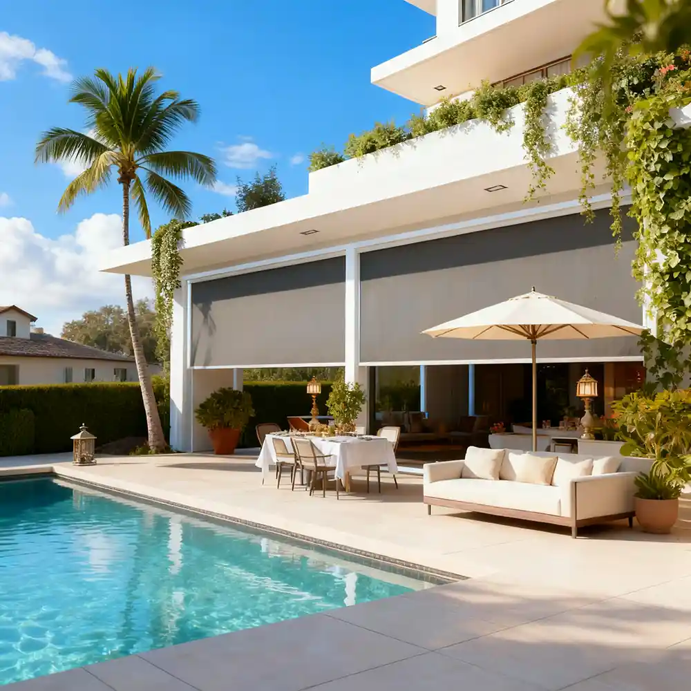 Modern outdoor roller blinds installed on a residential balcony providing shade, privacy, and weather protection by Lumisong