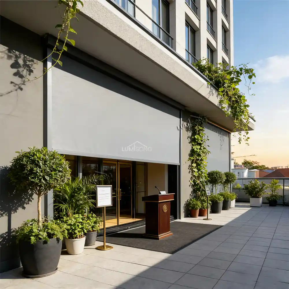 Modern outdoor roller blinds installed in a commercial outdoor space providing shade, privacy, and weather protection by Lumisong