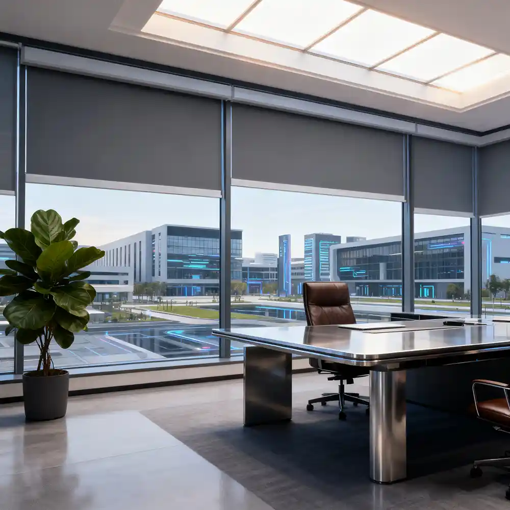 Modern outdoor roller blinds installed on a patio providing sun shading, privacy, and weather protection by Lumisong