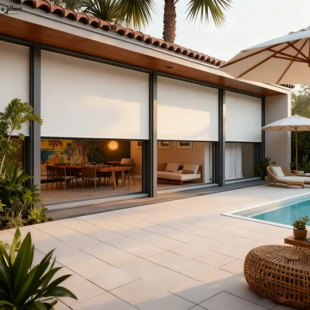 Modern outdoor roller blinds installed on a terrace providing shade, privacy, and weather protection by Lumisong