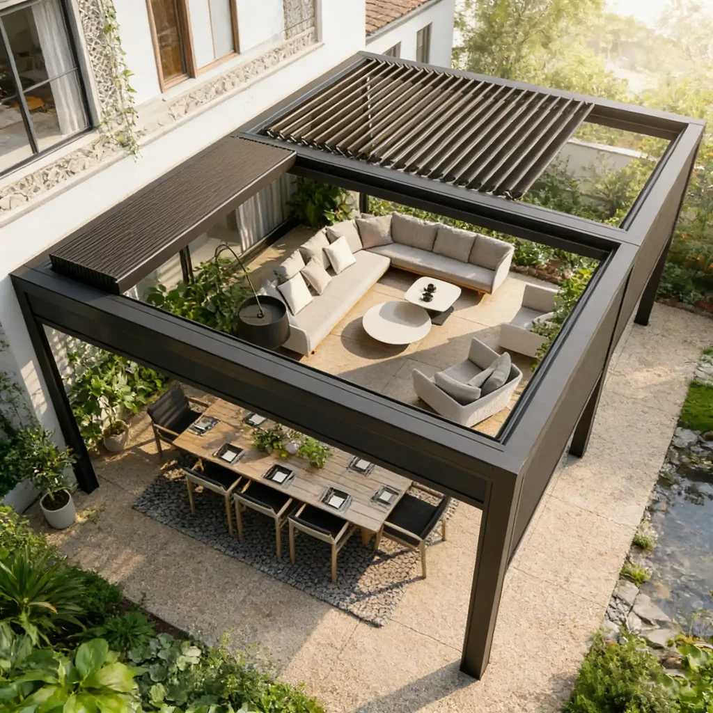Modern retractable pergola installed in a luxury garden outdoor living space by Lumisong