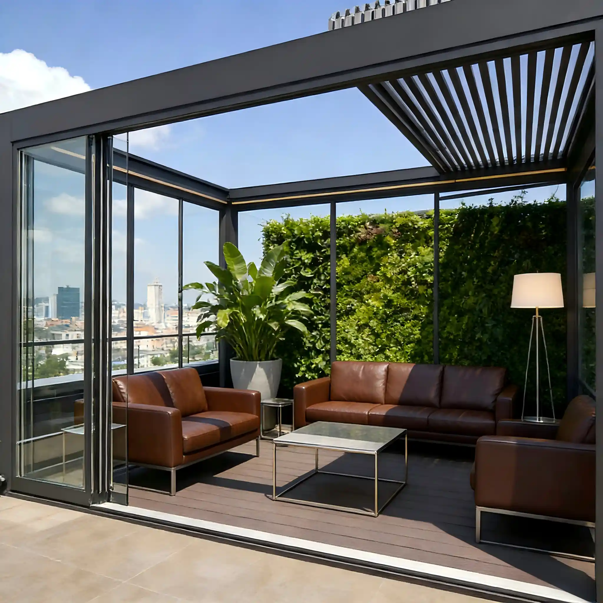 Modern patio retractable pergola project by Lumisong with adjustable aluminum roof system for outdoor living spaces