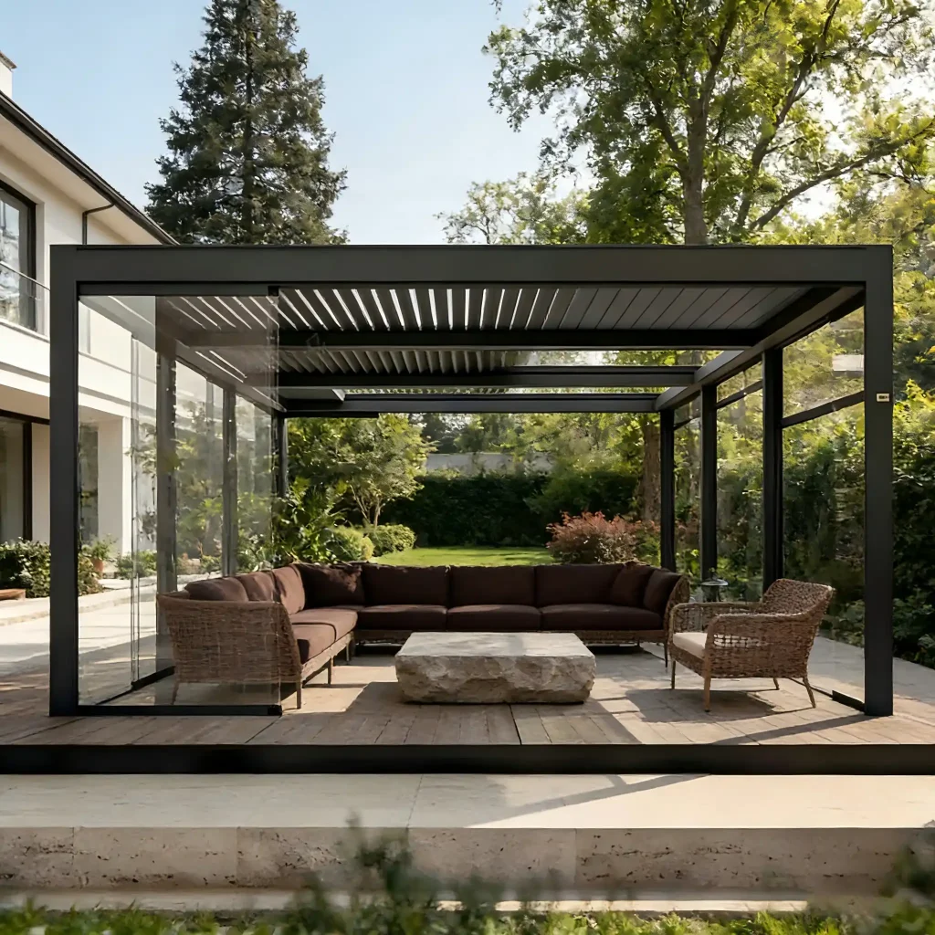 Modern retractable pergola installed on an elegant terrace outdoor space by Lumisong