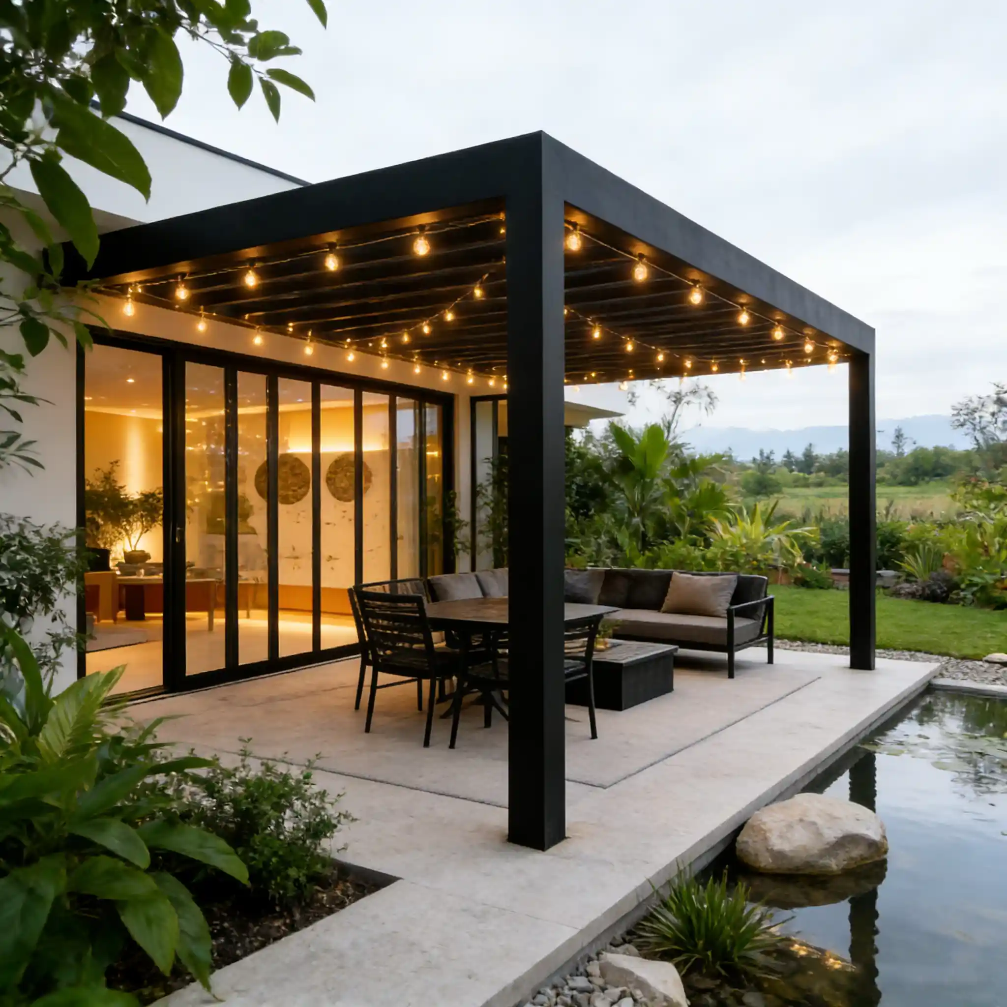 Lumisong motorized retractable pergola system installed on a modern residential terrace.