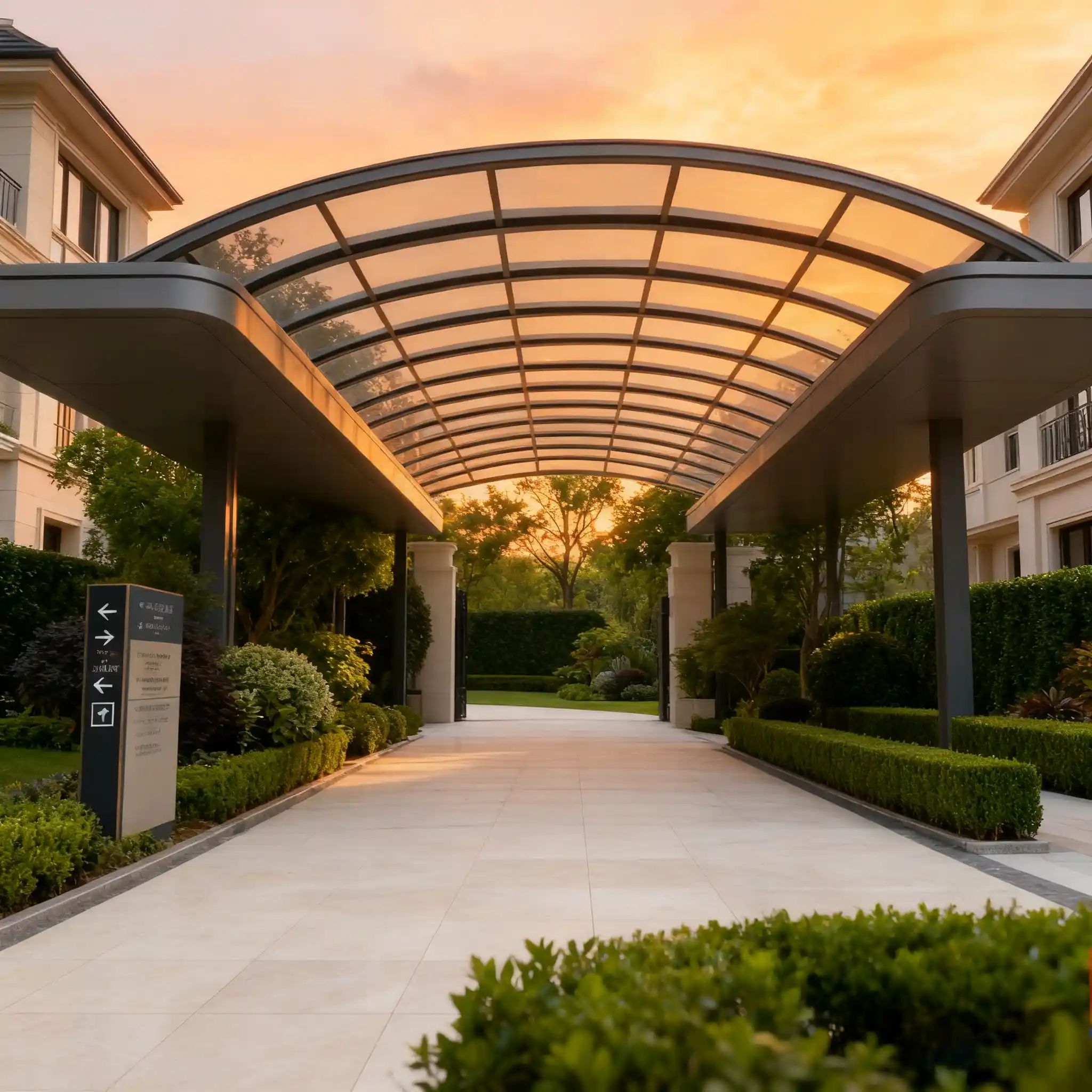 Modern aluminum walkway canopy installed in a campus pedestrian area by Lumisong