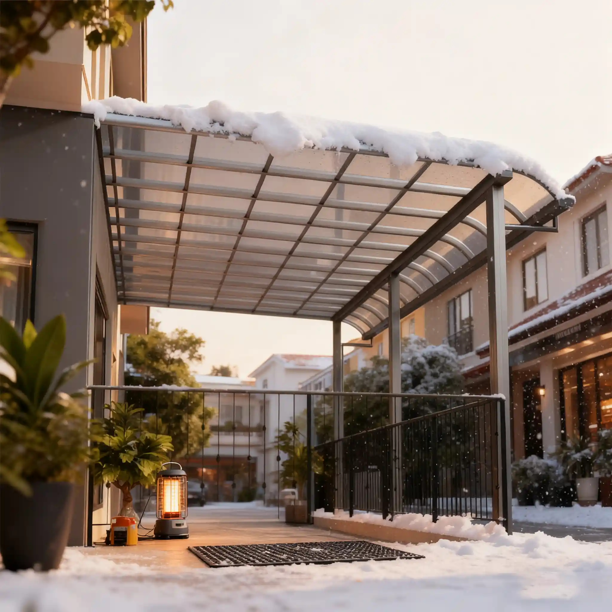 Modern aluminum walkway canopy covering an outdoor corridor passage with weather protection by Lumisong