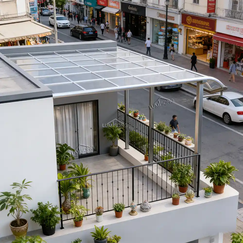 Modern aluminum walkway canopy installed in a public pedestrian space providing structured shade and weather protection by Lumisong