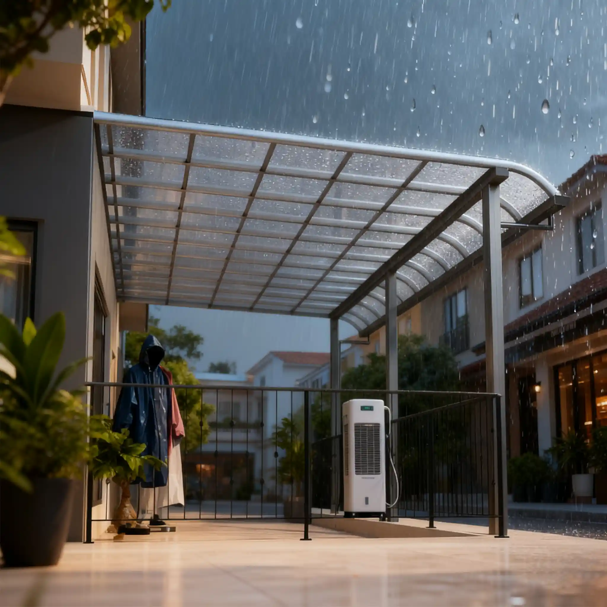 Modern aluminum walkway canopy installed in a public outdoor pedestrian space by Lumisong