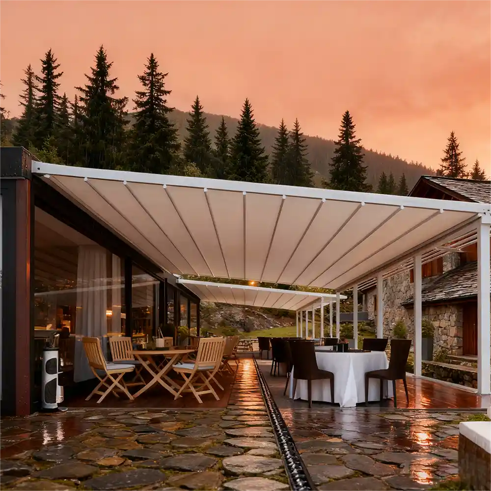 Commercial wall-mounted retractable awning installed over a luxury retail store entrance facade, featuring a premium aluminum framing system and high-durability weather-resistant storefront fabric shelter by Lumisong.