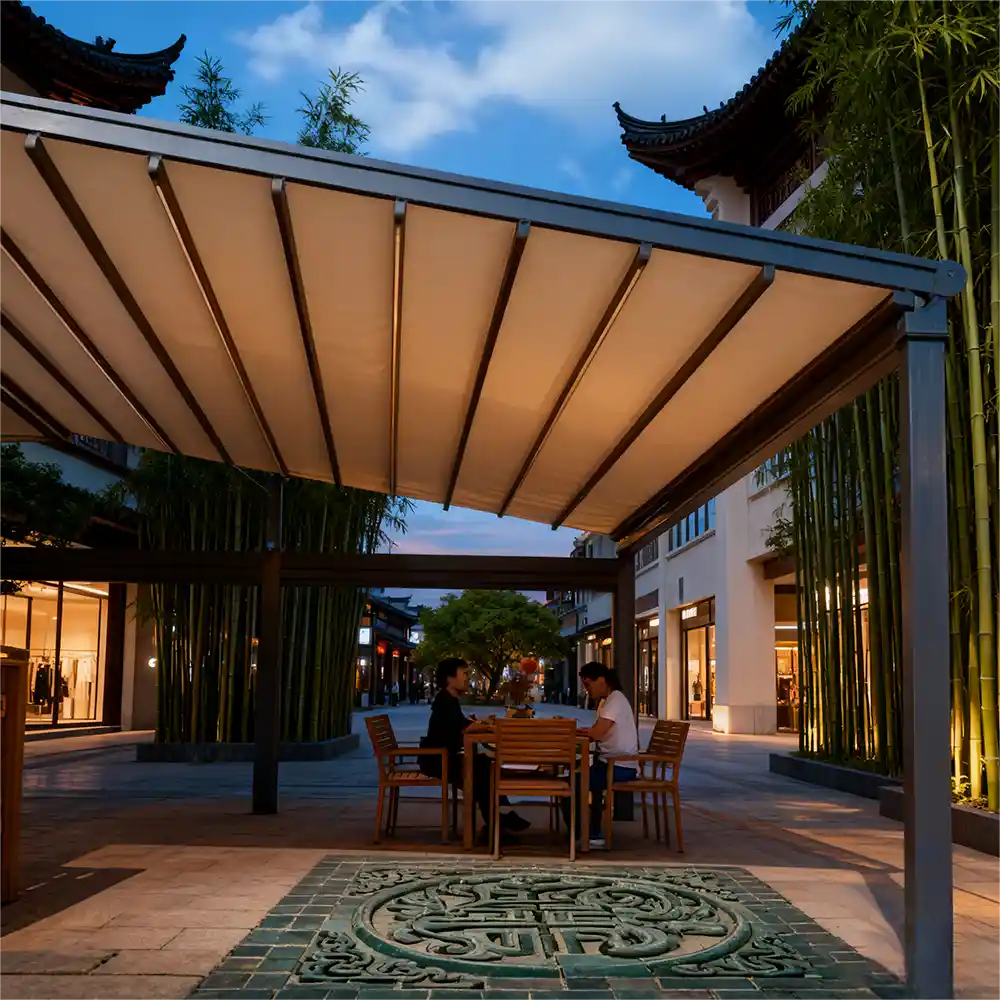 Commercial wall-mounted retractable store awning integrated into a boutique shop front facade, featuring a heavy-duty motorized aluminum frame and weather-resistant canvas shelter by Lumisong.