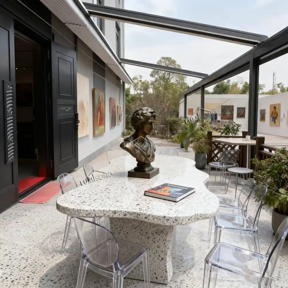 Luxury wall-mounted retractable awning system installed on a spacious villa outdoor terrace facade, featuring a heavy-duty motorized aluminum framing structure and waterproof premium sun-shading fabric shelter by Lumisong.