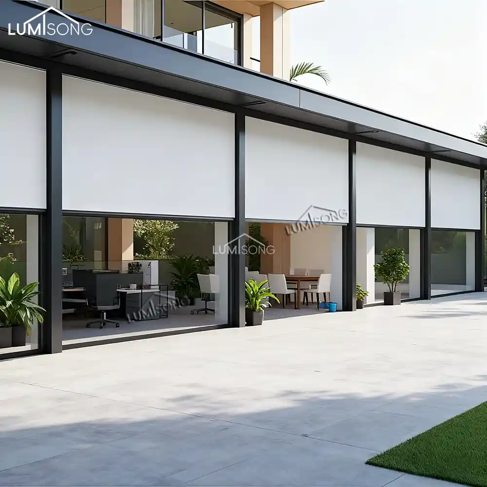 Lumisong motorized zip screen outdoor blinds installed on a modern patio pergola, featuring a windproof zipper track system, weather-resistant mesh, and automated sun shading control.