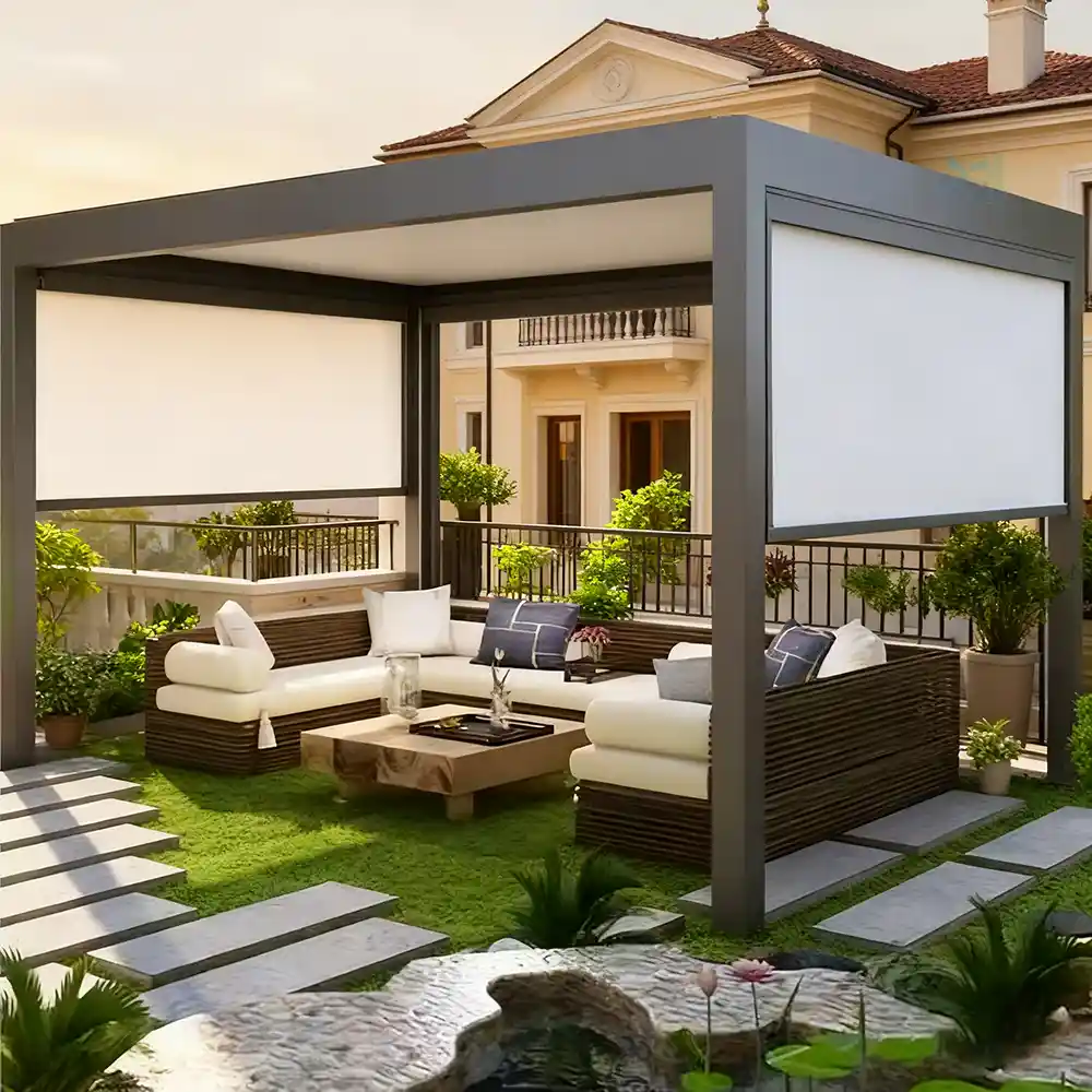 Zip screen outdoor shading project installed for modern architectural facade and terrace space, providing controlled outdoor environment with wind-resistant and UV-protection fabric system, minimal visual impact design, suitable for villas, hotels, restaurants, commercial buildings and residential applications, supporting customization and direct factory supply from China for B2B and B2C clients, Lumisong
