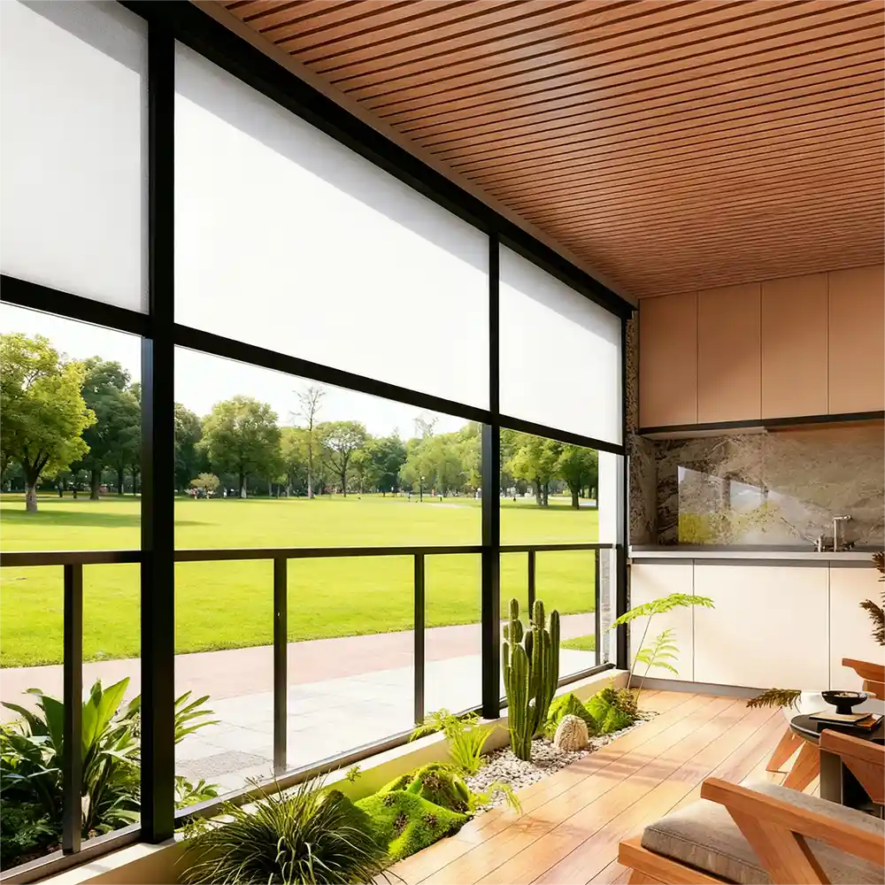 Zip screen pergola project integrating modern aluminum pergola structure with side zip screen shading system, creating a controlled outdoor living space with wind-resistant, UV-protective, and privacy-enhancing performance, suitable for villas, hotels, restaurants, rooftop terraces, and commercial outdoor areas, supporting customized solutions and direct factory supply from China for B2B and B2C clients, Lumisong