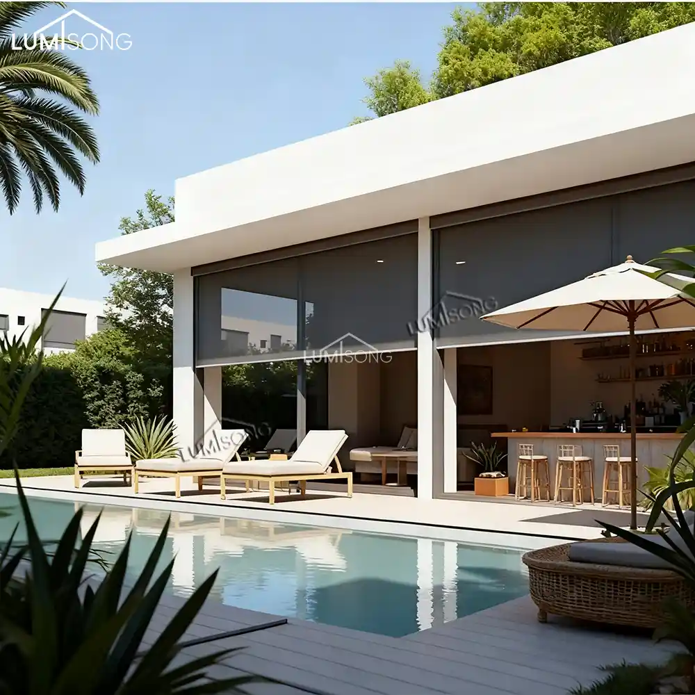 Lumisong heavy-duty windproof zip screen outdoor blinds engineered with a reinforced track system and storm-resistant fabric, protecting a modern terrace against high winds and severe weather.