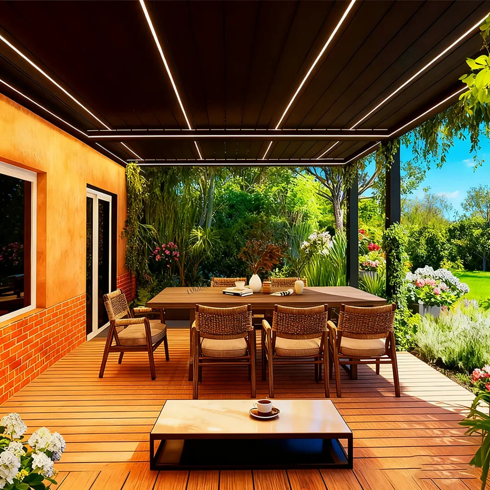 Lumisong louver pergola with adjustable aluminum louvers, providing precise sunlight control, ventilation, and all-weather protection for residential and commercial outdoor spaces.