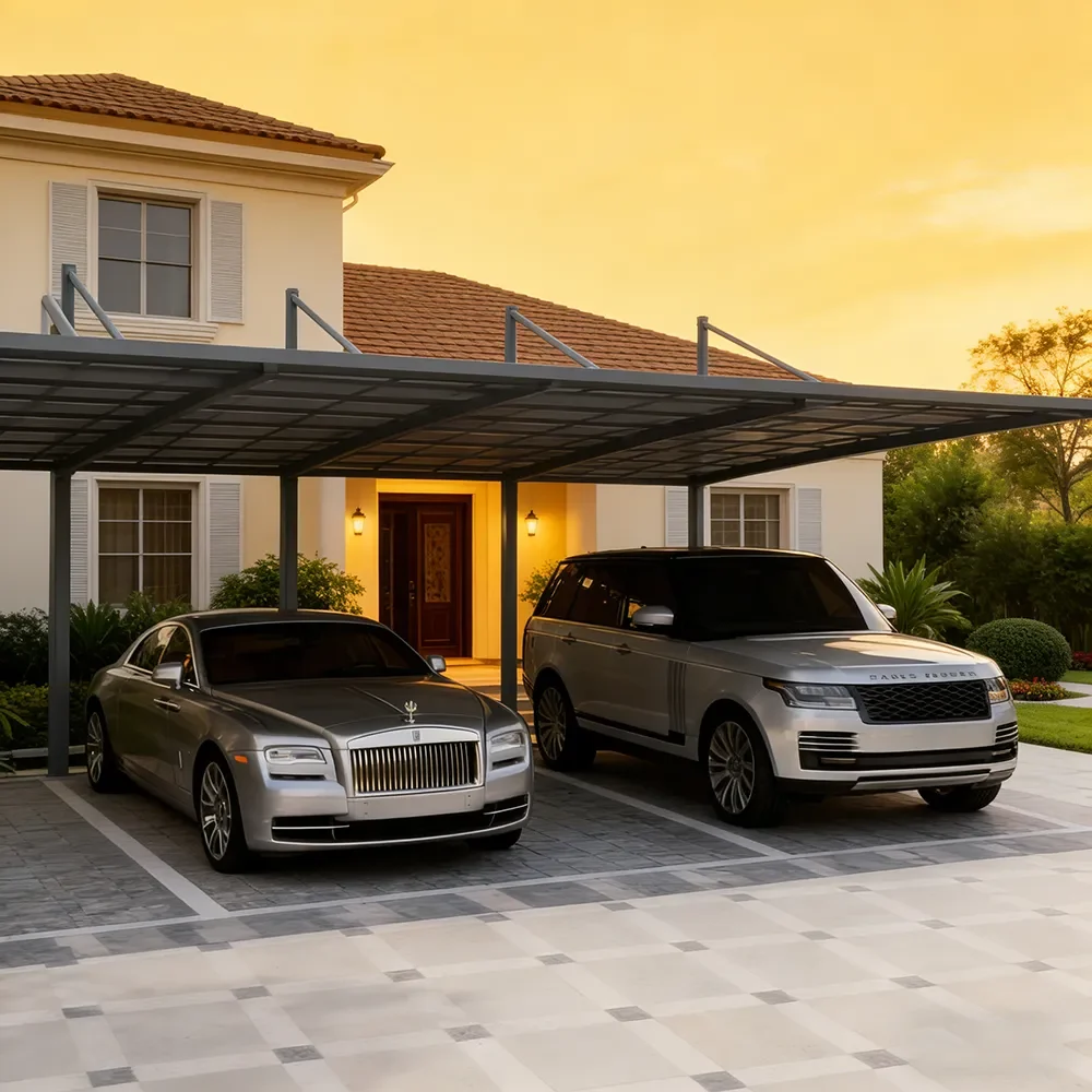 Cable stayed aluminum carport with suspended support system and weather-resistant canopy by Lumisong