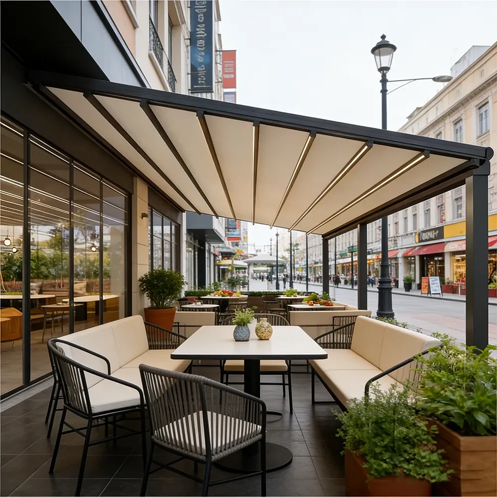 Lumisong electric retractable awning wall mounted with motorized aluminum frame for patio, terrace, and commercial outdoor shade