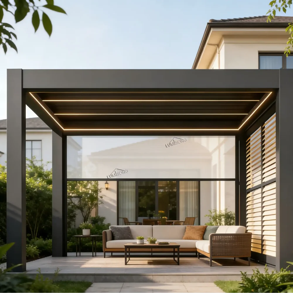 Premium Lumisong aluminum pergola with adjustable roller blinds, offering sun and rain protection for luxurious backyard or commercial outdoor spaces, designed for durable, all-weather outdoor living.