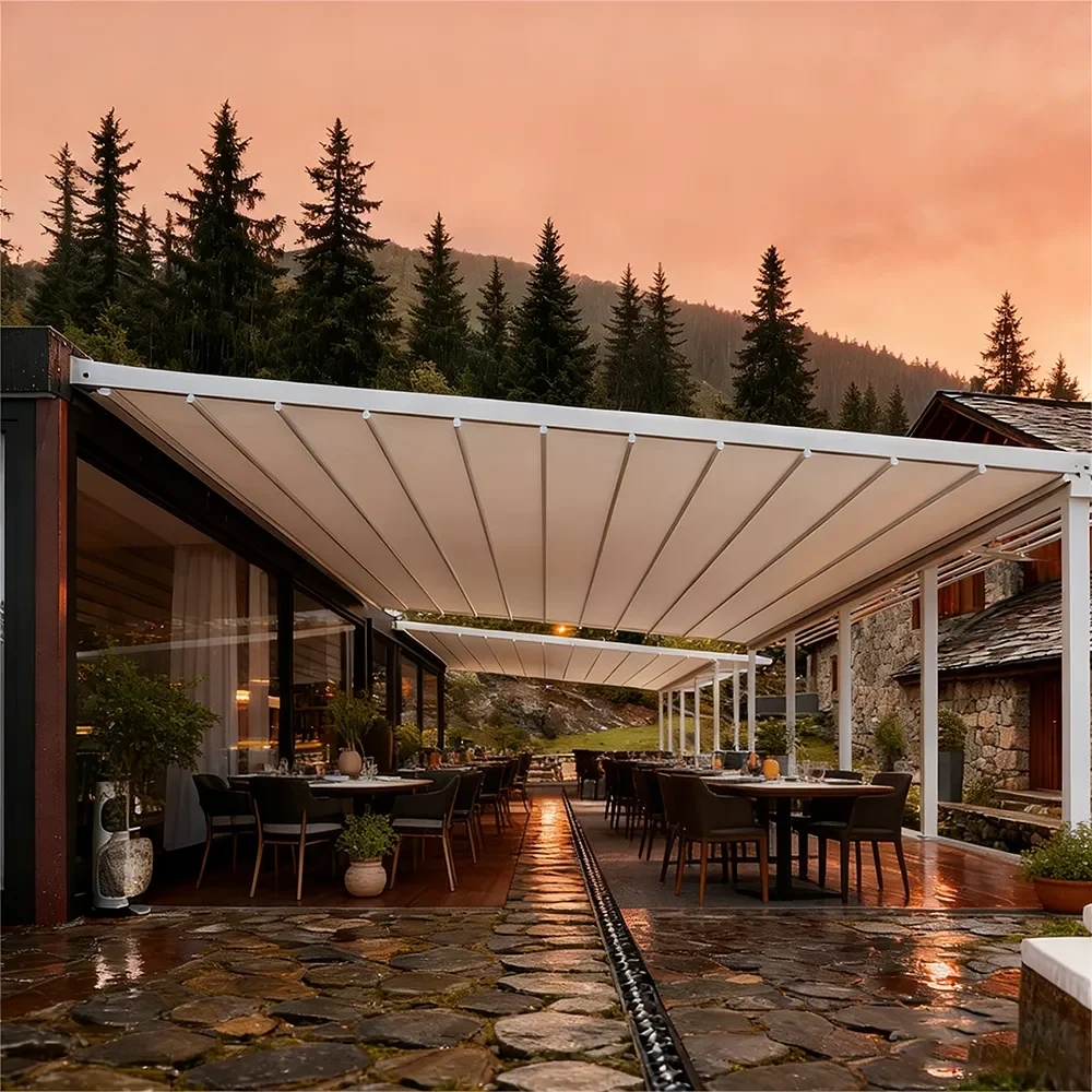 Smart retractable awning system by Lumisong for patios, terraces, and commercial spaces, featuring automated operation and premium weather protection